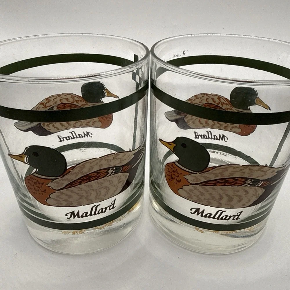 Set of 2 Mallard Duck Vintage Decorated 10 oz Old Fashioned Whiskey Glasses
